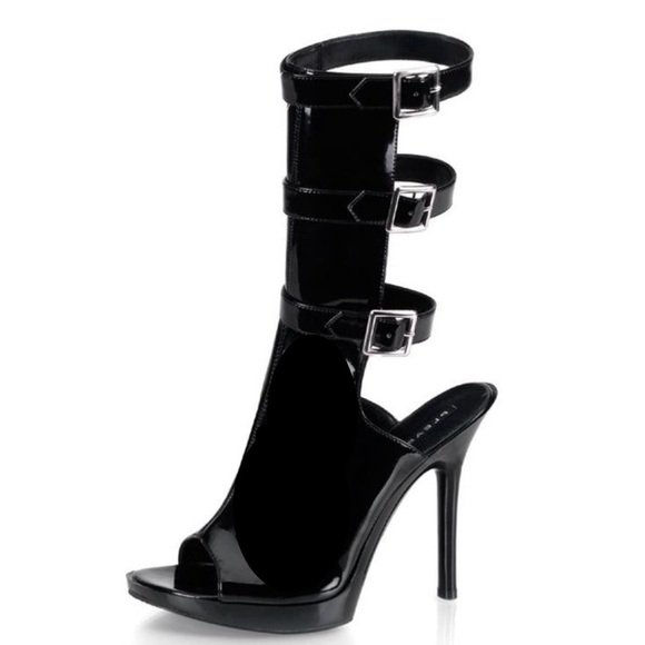 Pleaser Shoes - Pleaser Vogue open toe sandal boots black 3 buckle straps mid calf women 7 new